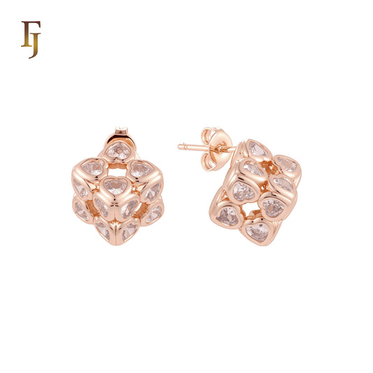 Luxurious Geometric of multi Heart shaped white CZs flower cube 14K Gold, Rose Gold Stud Earrings
