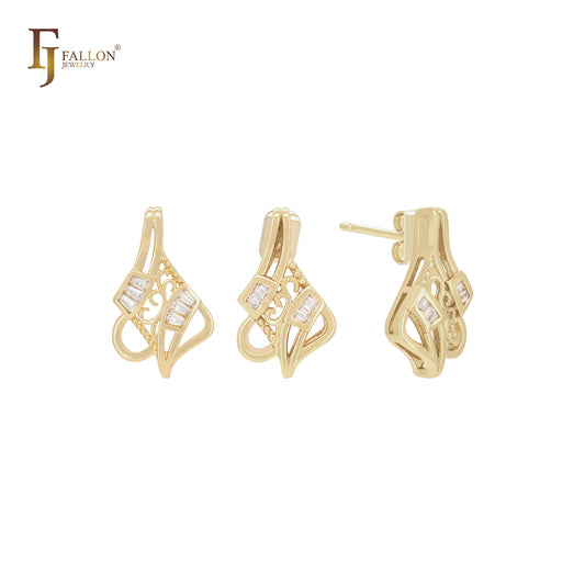 Juego de aretes tipo botón de oro de 14 quilates con circonitas blancas talla baguette entrelazadas y colgante.