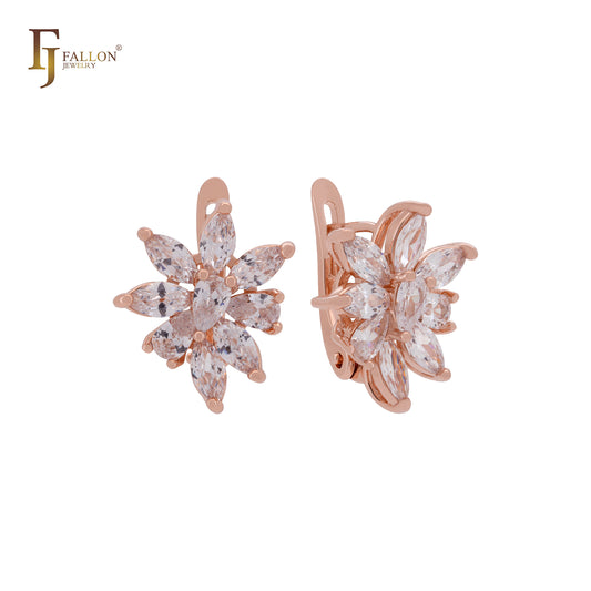 Cluster luxurious flower of marquise white or blue CZs sparkling Rose Gold Russian Lock Earrings