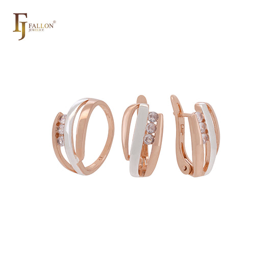 Conjunto de joias de dois tons com zircônias cúbicas brancas arredondadas e três fileiras de anéis em ouro rosa