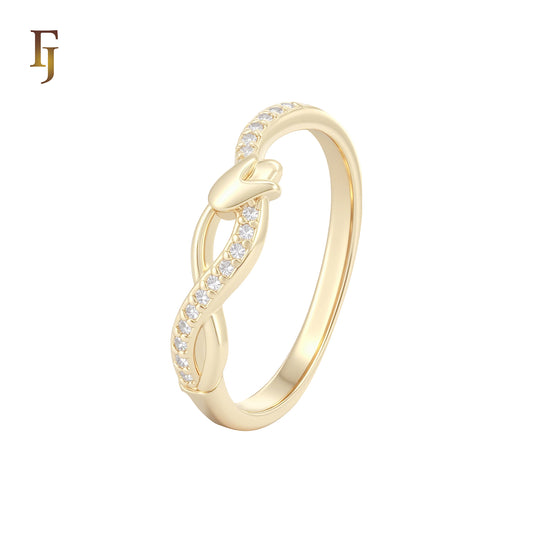 Double crossing Ribbon of tulip white CZs 14K Gold Fashion Rings