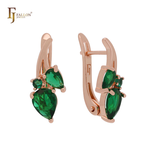 Branches of cluster emerald green CZs Rose Gold Russian Lock Earrings