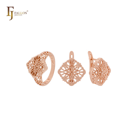 Conjunto de joyas de oro rosa con filigrana de flores de doble capa y anillos
