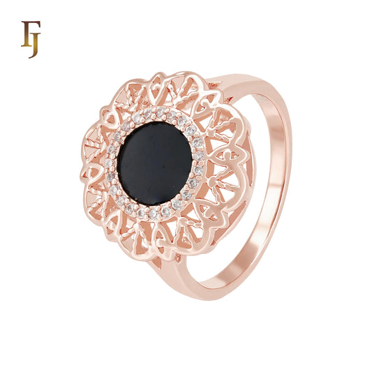 Filigree Flower halo white CZs surrounding Rounded Black Onyx Rose Gold Fashion Rings