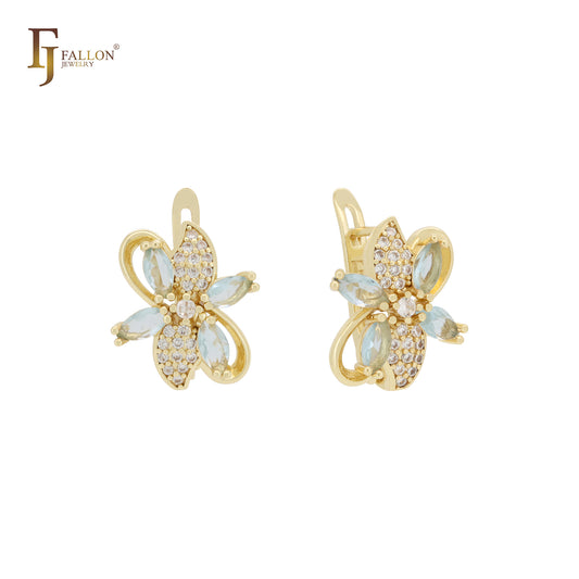 Great cluster leaves of white CZs 14K Gold Russian Lock Earrings