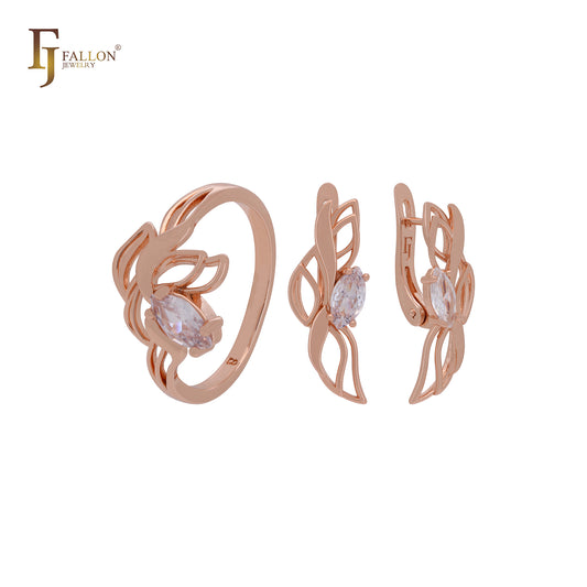 Elegante conjunto de joyas de oro rosa con solitario de hojas y flores de circonita blanca y anillos.