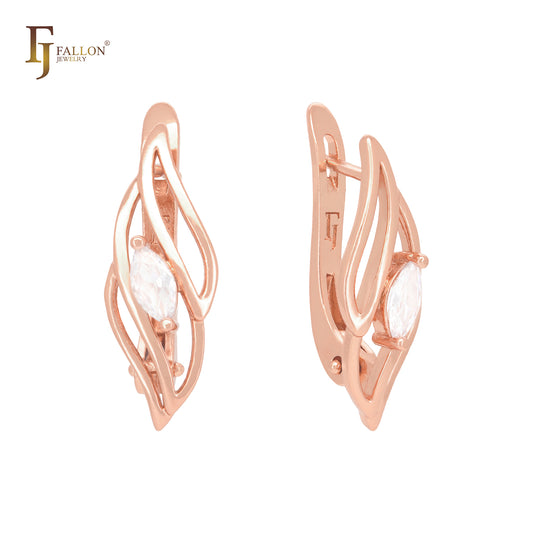 Marquise flames with white CZ Rose Gold Russian Lock Earrings