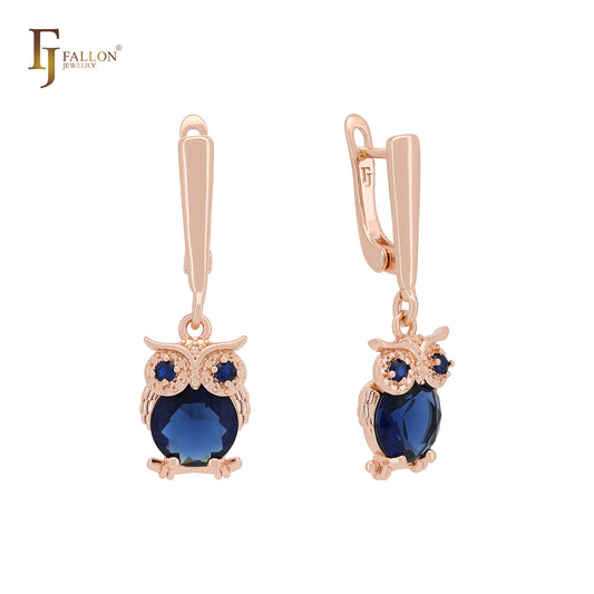Little Owl of Deep Blue CZs Rose Gold Russian Lock Earrings