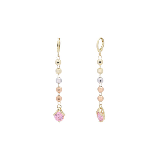 Beads and solitaire drop huggie earrings plated in 14K Gold two tone color