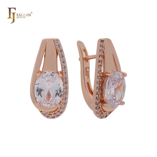 Solitaire oval white CZ Rose Gold Russian Lock Earrings