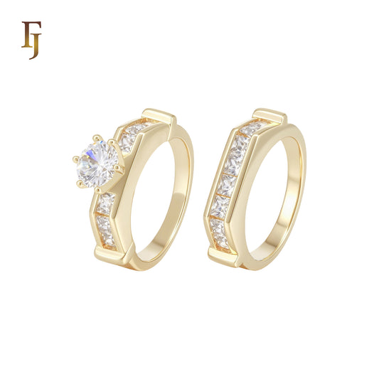 Solitaire White CZs Baguette 14K Gold Wedding Set Rings