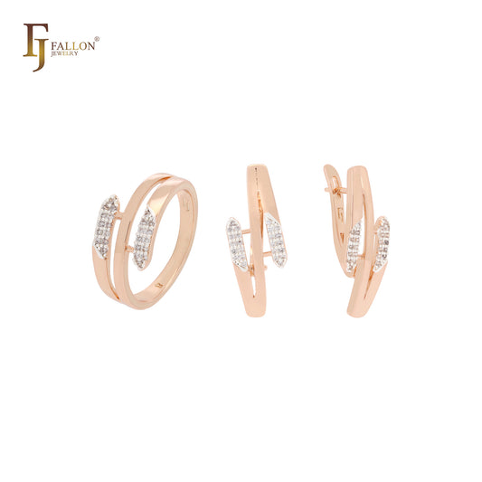 Conjunto de joias de dois tons com anéis e três fileiras de zircônias cúbicas brancas em ouro rosa