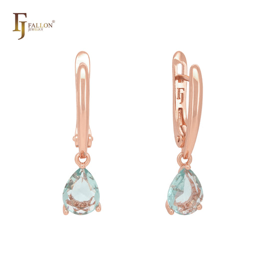 Solitaire apple green drop CZ Rose Gold Russian Lock Earrings
