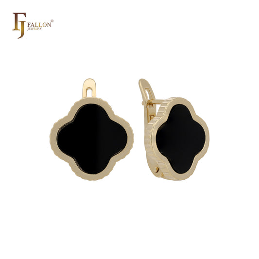 Lucky clover painted black 14K Gold Russian Lock Earrings