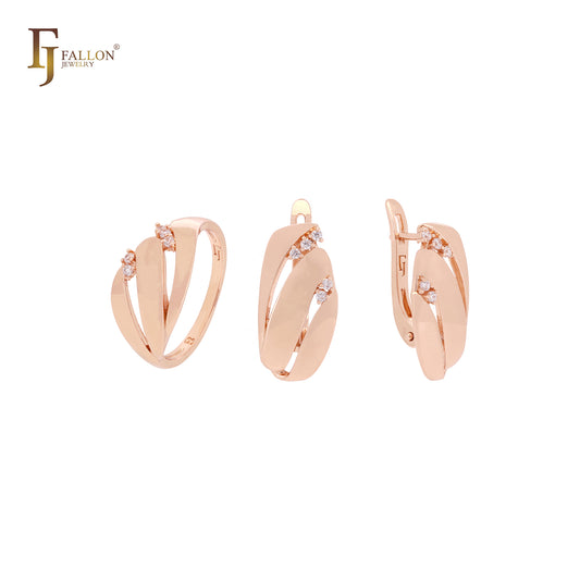 Conjunto de joyas de oro rosa con circonitas blancas de triple fila geométrica y anillos