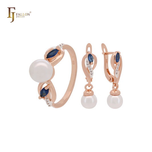 Conjunto de joias em dois tons de ouro rosa com zircônias cúbicas azuis e brancas em formato de pérola solitária e anéis