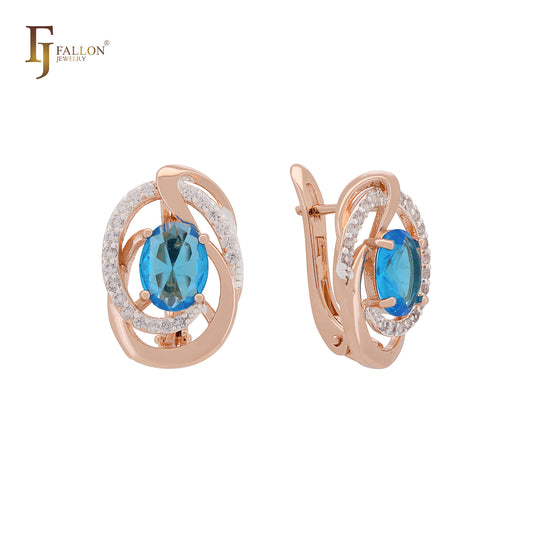 Solitaire Halo Ocean Blue White CZs Rose Gold two tone Russian Lock Earrings