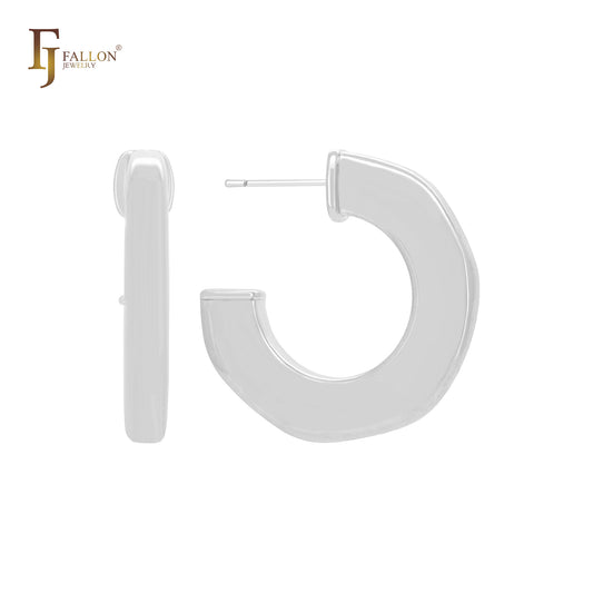 チャンキーなスクエアチューブ型のCフープ14Kゴールド、ローズゴールド、ホワイトゴールドスタッドピアス