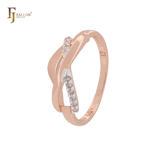 Crossing Ribbon of white CZs Rose Gold two tone Fashion Rings