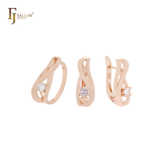 Conjunto de joias de ouro rosa com fita torcida em zircônia cúbica branca e anéis