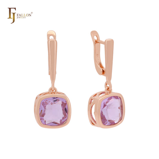 Solitaire cushion cut purple red CZ Rose Gold Russian Lock Earrings