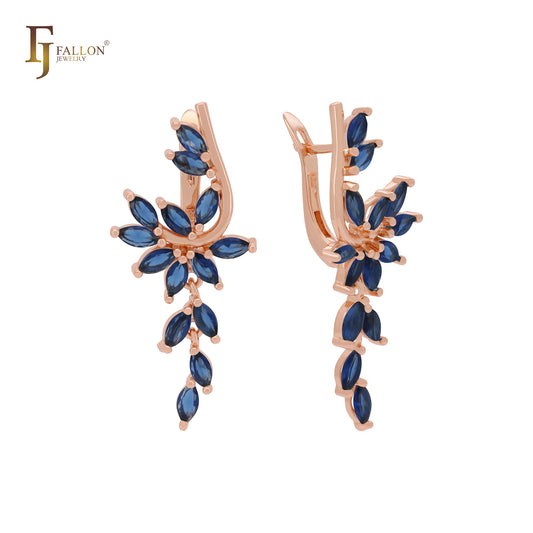 Luxurious Deep lake blue cluster CZs Rose Gold Russian Lock Earrings