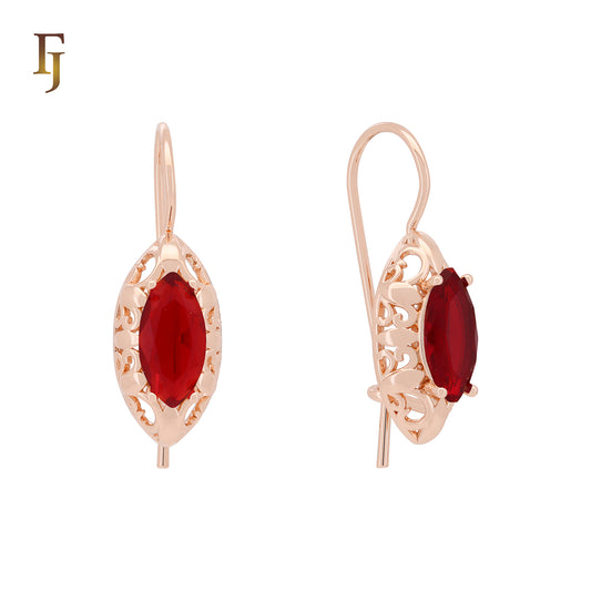 Elegant Filigree Marquise Wire Hook Earrings – 11.2×22mm Rose Gold with Red, Green, or Blue Stones by FJ Fallon Jewelry