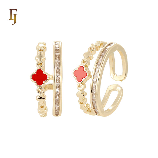 Clover of Black or Red sided with white CZs 14K Gold Resizable Open Rings