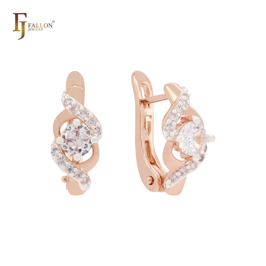 Solitaire white Czs of double twisted bands Rose Gold two tone Russian Lock Earrings