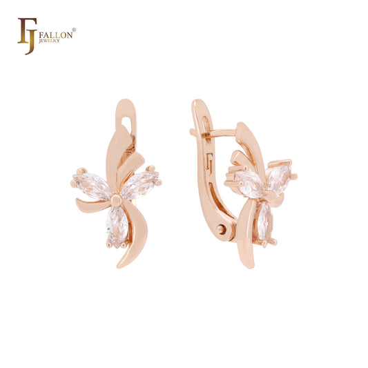 Flower of butterfly white CZs Rose Gold Russian Lock Earrings