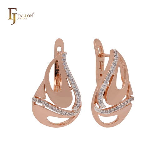 Mysterious teardrop of row of white CZs Rose Gold two tone Russian Lock Earrings