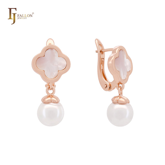Pearl with Clover of white or Black Rose Gold Russian Lock Earrings