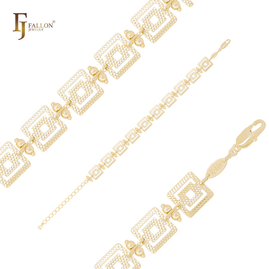 Wide double squared dot hammered 14K Gold Bracelets