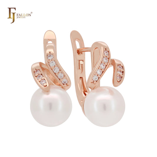 Pearl covered white CZs Rose Gold, 14K Gold Russian Lock Earrings