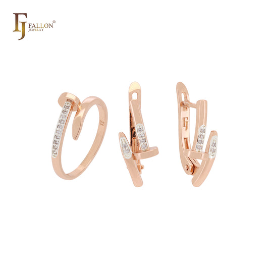 Juego de joyas de oro rosa de dos tonos con circonitas blancas y anillos para uñas de eternidad.