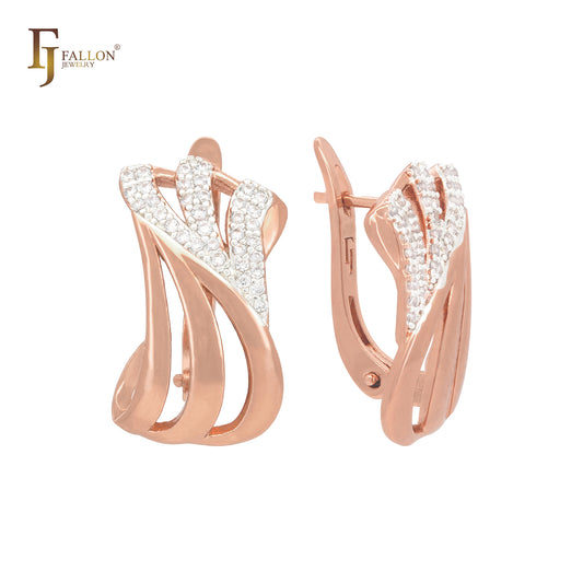 Triple rows interlocking with white CZs Rose Gold Russian Lock Earrings
