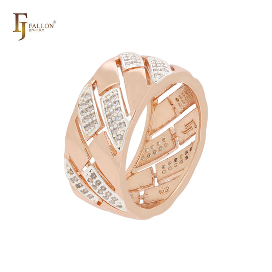 Кирпичи из белых фианитов Геометрические двухцветные модные кольца из розового золота