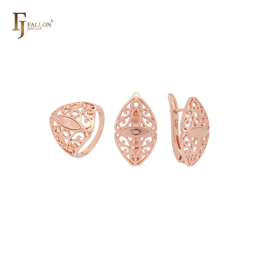 Gran conjunto de joyas de oro rosa con filigrana ovalada y rayos de sol con anillos