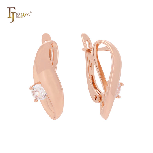 Thick ribbon curving white CZs Rose Gold Russian Lock Earrings