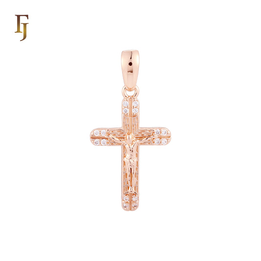 Rounded end of four white CZs Rose Gold Crucifix Cross Pendant Orthodox Religious