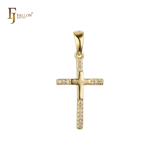 Colgante de cruz latina en oro rosa con circonitas blancas en racimo