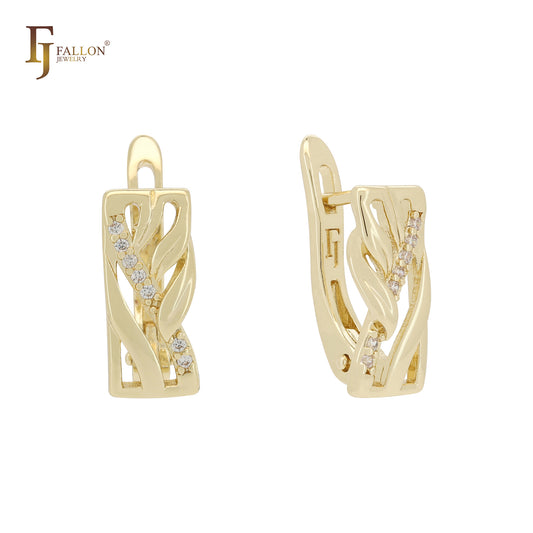 Window of leaves and branches white CZs 14K Gold, Rose Gold Russian Lock Earrings