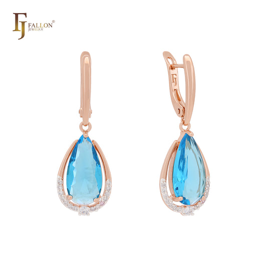 Pear shape teardrop CZ drop Rose Gold two tone Russian Lock Earrings