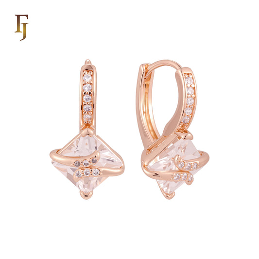 Solitaire white Asscher Cut CZ embraced Rose Gold Huggie Earrings