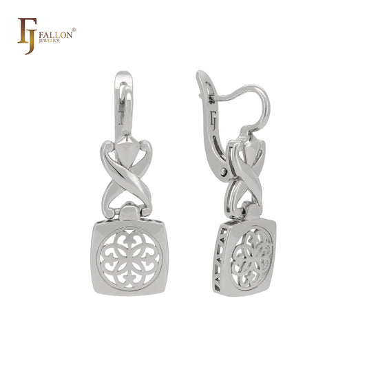 Pendientes colgantes de oro blanco con candado de filigrana