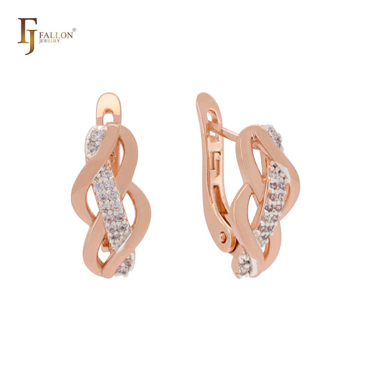 Interwinig bands of white CZs geometric designed Rose Gold two tone Russian Lock Earrings