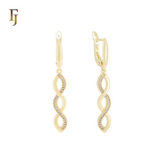 Triple Crosses of white CZs 14K Gold drop Russian Lock Earrings