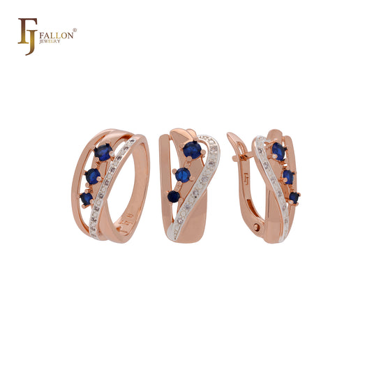 Conjunto de joyas de oro rosa en dos tonos con triple circonita azul y circonita blanca y anillos.