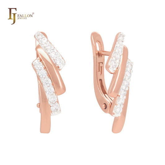 Four rows with white Czs Rose Gold two tone Russian Lock Earrings