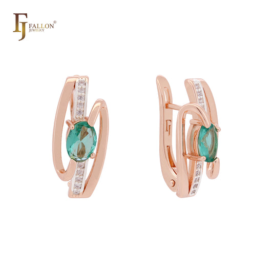 Oval solitaire green cz ribbon 585 Rose Gold two tone Russian Lock Earrings